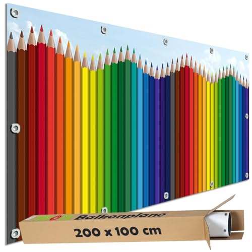 TRIOSK Sichtschutz Balkon Deko Plane Balkonblende Blickdicht mit Motiv Buntstifte Regenbogen für Garten Terrasse Gartenzaun Balkonverkleidung Blickschutz PVC groß 200x100 cm Bunt