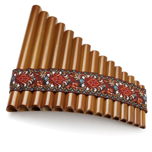 15 Pipes Bamboo Wooden Pan Flute Pipe with Multicolored Tribal Print - Handmade Woodwind Gifts Musical Instrument (15Z-Red-L)
