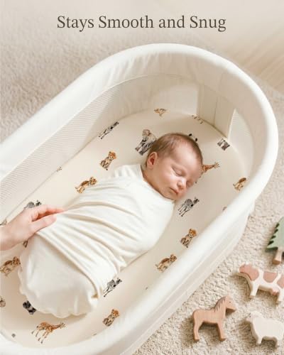 Image of Bassinet Sheets for Baby Girls Boys 2 Pack, Fitted Baby Mattress Sheet for Rectangle, Oval, Hourglass Bassinet Mattress, Breathable Cozy & Universal Fit (Safari Dreams, Bassinet Sheet)