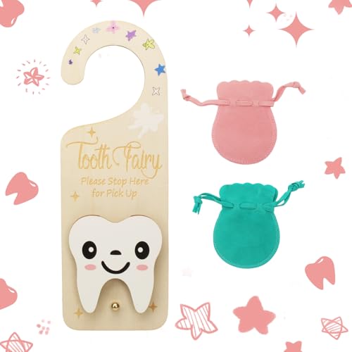 YROJISU Tooth Fairy Tooth Holder, Room Decor Tooth Fairy Door Hanger with Money Slot, Keepsake Bag & Elegant Patterns for Lost Teeth, Encourage Gift for Boys & Girls Milk Teeth