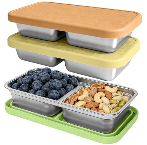 Image of 15 oz Snack Containers for Kids, Stainless Steel Lunch Box 3 Pack | Reusable Food Containers with Silicone leak resistant Lids. Perfect for School Lunch, Daycare, Travel and Portion Control