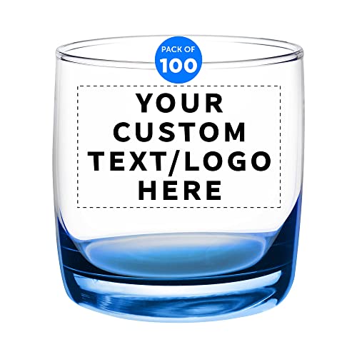 Custom Whiskey Glasses 10 oz Set of 100, Personalized Bulk Pack - Heavy Base Old Fashioned Glass, Perfect for Scotch, Bourbon, Whiskey, Cocktail - Blue