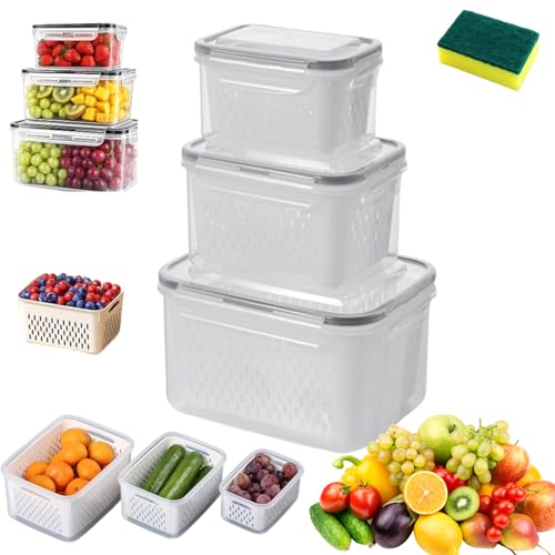 Definitive with Fruit Storage, 4 in 1 Food Storage Container with Lid, Stackable Fruit and Vegetable Wash Colander, Food Storage Box for Longer Vegetable Freshness - Wash, Drain & Store (Gray,3MIX)