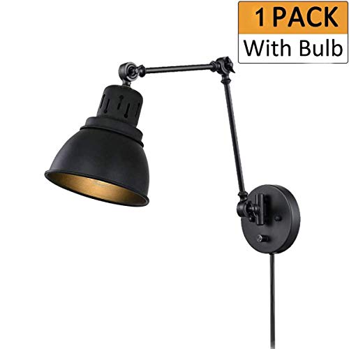 Applique Murale Vintage Réglable Noir Métal Lampe Murale Industrielle Rétro Lampe de Mur Intérieur Eclairage Câble avec Interrupteur et Prise • 1,5 mètres Fil E27 Base Pour Chambre à Coucher, Cuisine
