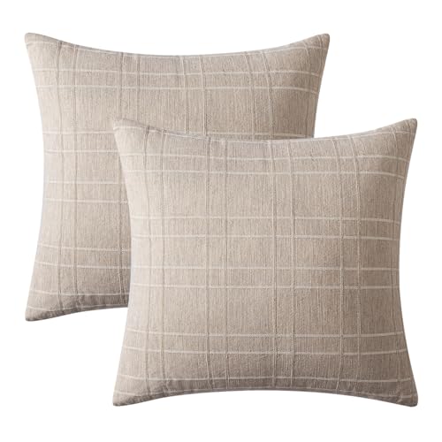 Image of MIULEE Decorative Linen Check Throw Pillow Covers Neutral Farmhouse Vintage Pillow Covers 20x20 Set of 2 Boho Modern Home Decor for Sofa Couch Bedroom Cushion Natural Linen