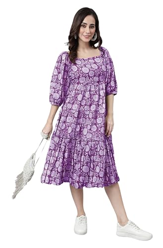 Image of Janasya Women's Cotton Floral Print Flared Dress