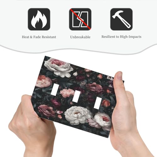 Decorative Light Switch Cover Plate Rustic Big Pink Flowers White Peony Floral 3 Gang Wall Plate Oversized Triple Toggle Switch Cover Plate Jumbo Faceplate for Home Decor