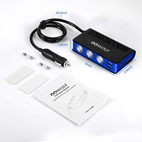Image of OOWOLF Quick Charge 3.0 Cigarette Lighter Adapter,180W 12V /24V 3-Socket DC Power Car Splitter with 6.6A 4 USB Ports,LED Display Voltage, Individual Switch (Blue)