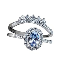 Bague Bleu Ovale Pierre Naturelle Bague Argent Zircone Cubique Anneau Fiançailles Promesse Mariage Eternité Bijoux Mode Alliance Ensemble Parure Cadeau Anniversaire Remise de diplôme saint-valentin