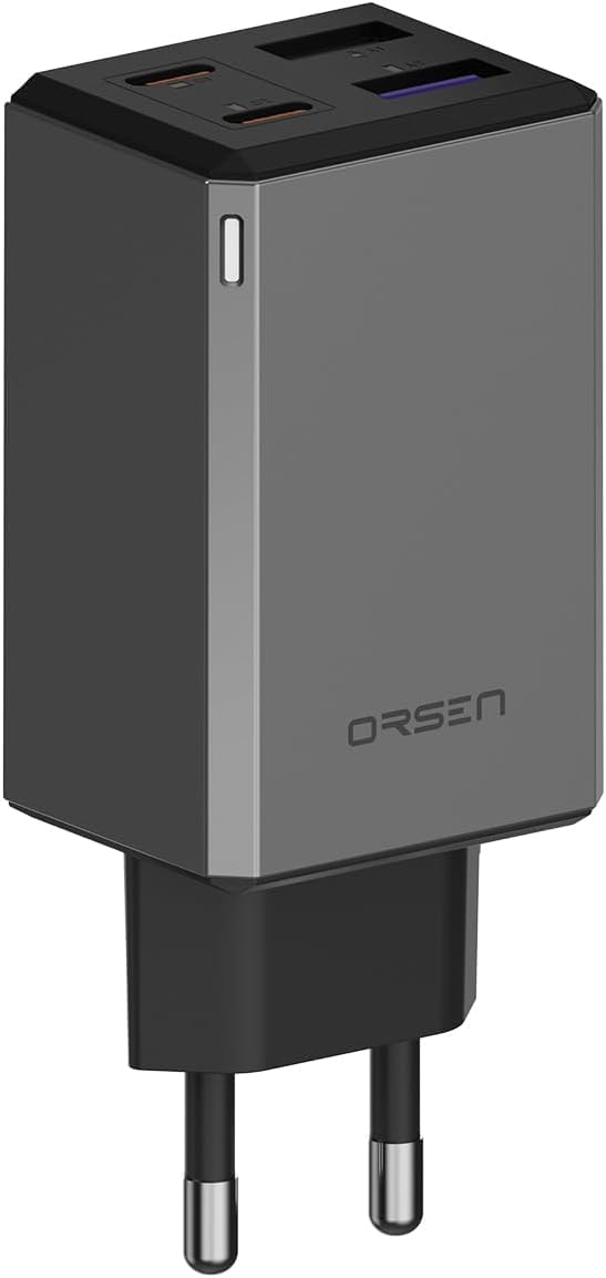 ORSEN C61T GaN ładowarka 65 W, 4 porty USB C, USB A, szybka ładowarka PD, zasilacz podróżny do laptopa, tabletu, smartfona, szara