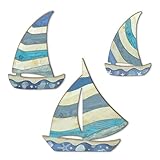 Putuo Decor Nautical Sailboat Wall Art Set of 3, Coastal Wall Decor with Blue & White Stripes, Beachy Lake House Wall Decor for Japandi Bedroom Bathroom Nursery