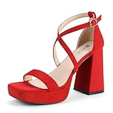 IDIFU Red Suede Chunky High Heels - Strappy Platform Block Square Toe Sexy Wedding Bridal Dress Shoes Open Toe Ankle Strap Heeled Sandals Dressy Thick Heels (8)