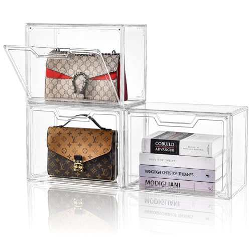 Purse Organizer for Closet,Clear Acrylic Display Case for Handbag Organizer, Purse Storage Box with Magnetic Door, Plastic Storage Bins for Book, Collectibles, Cosmetic (3 Pack)