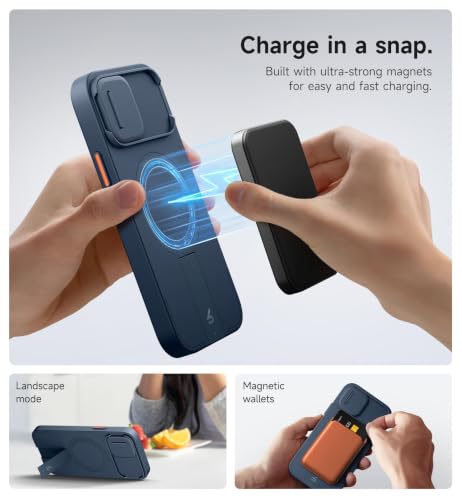 Image of SURITCH for iPhone 12 /12 Pro Case with Magnetic Camera Slide Cover and Adjustable Kickstand, Compatible with MagSafe, Shockproof Bumper Case Slim Protective Cover for iPhone 12 /12 Pro 6.1 Inch, Blue