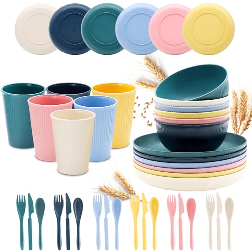 36pcs Wheat Straw Dinnerware Sets, Unbreakable Reusable Kitchen Cups Plates