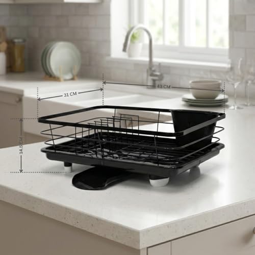 Image of SmartSlide Black MS Dish Drainer with Removable Tray | Durable Rust-Proof Kitchen Dish Rack | Space-Saving Countertop Organizer for Plates, Cups & Cutlery