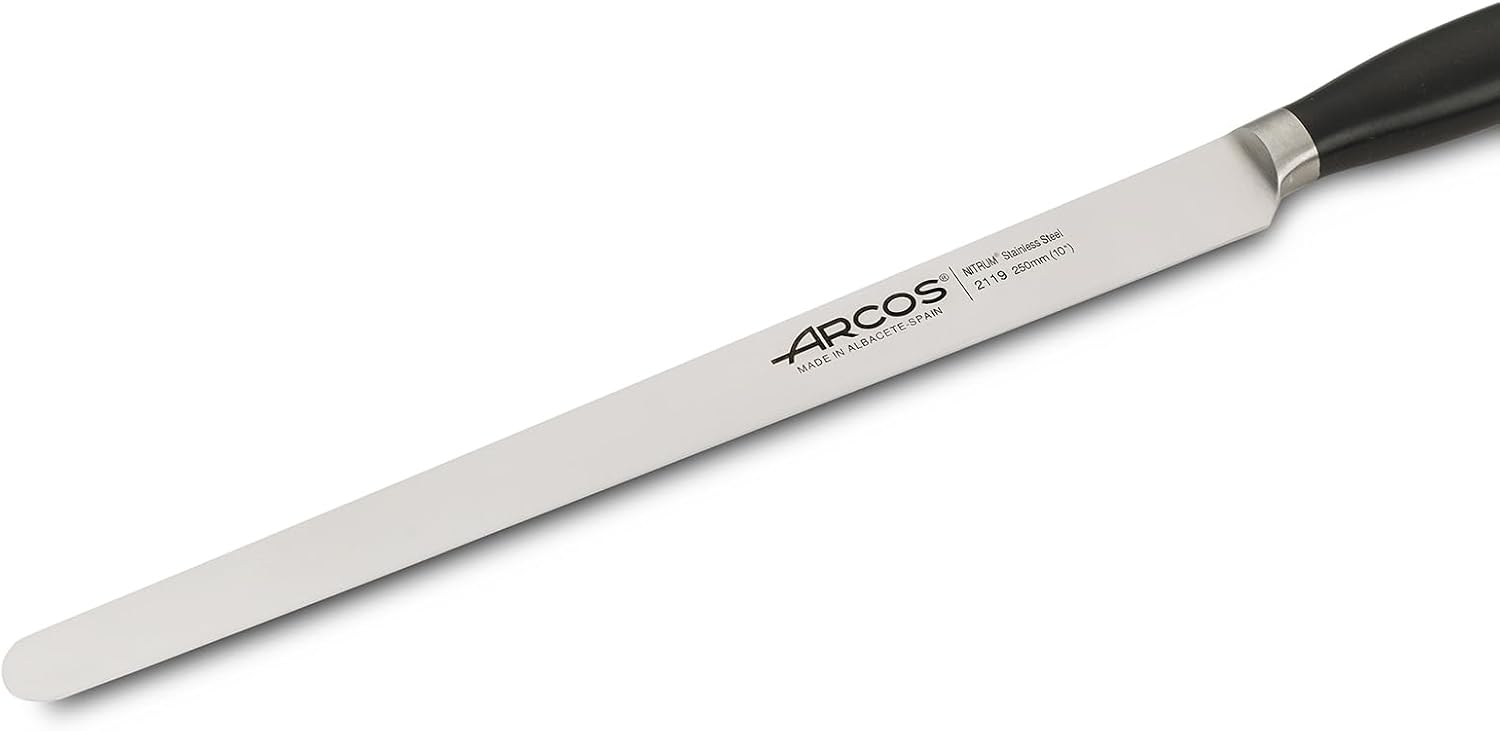 Arcos Forged Slicing Ham Knife 10 inch Stainless Steel Blade 250 mm. Professional Kitchen Knife. Rust & Corrosion Resistant. Flexible blade and smooth edge. Series Clara. Color Black.