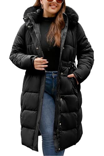 Geschallino Women's Plus Size Long Puffer Coat Bubble Padded Insulated Winter Jacket with Detachable Fur Collar K382Plus Black 1X