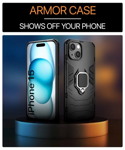 Image of WOW IMAGINE Shock Proof Back Case Mobile Cover for Apple iPhone 15 | Back Cover Case (Tough Armor | Hybrid PC + TPU | Ring Holder & in-Built Kickstand | Black)