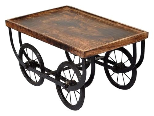 Image of Wooden Mixing Serving Tray with Move able Wheels, Decorative Rectangular Wooden Cart Serving Tray with Iron Stand for Home, Restaurent & Dining Table, 9.5x6.5 Inch, 1 Pc