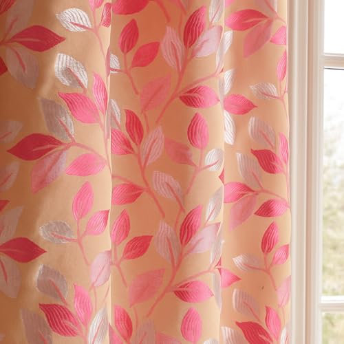 Stuffique Polyester Eyelet Leaves Pattern Curtain 9 Feet Long, Pack of 2 (Pink)