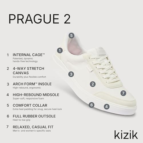 Kizik Slip On Sneakers: Prague 2 - Court Style, 4-Way Stretch Canvas with Suede Details, Casual Shoes for Men, Hands Free Convenience - Mens Wide Width3