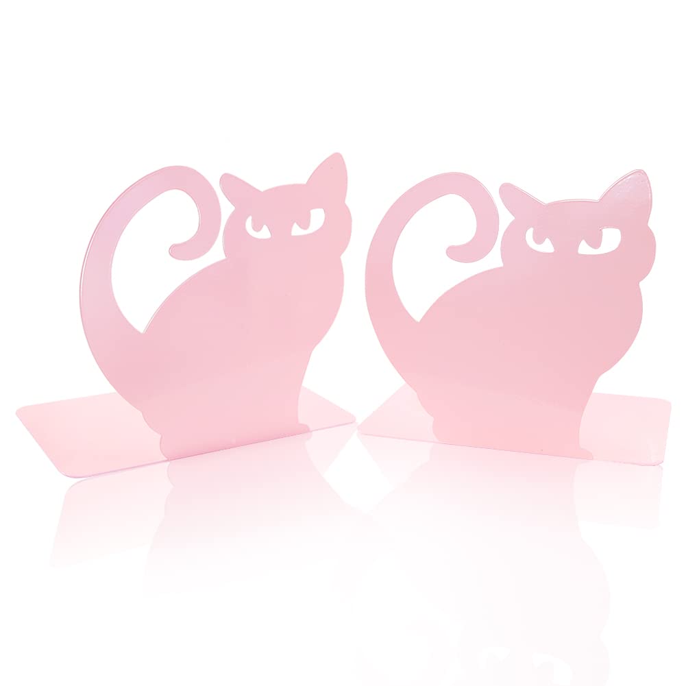 Boerni Girls Pink 1 Pair Persian Cat Bookends, Kid Cute Cat Nonskid Thickening Iron Book End Animal Metal Bookends Desk Organizer For Shelves Library School Office Home Decor (Pink)