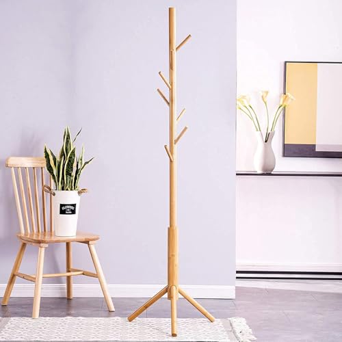 Image of Ash & Roh Natural Wooden Coat Rack Stand With Hooks Adjustable Height, Easy Assembly, Sturdy Solid Base for Coats, Hats, Handbags Entryway, Hallway, Bedroom, Office (Beige, 92-2)