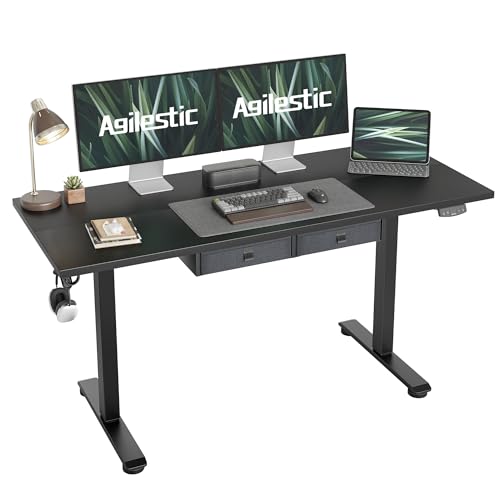 Image of Agilestic Electric Standing Desk with Drawers, 55 x 24 Inches Height Adjustable Desk, Stand up Computer Table with Memory Preset, for Work Office Home, Black