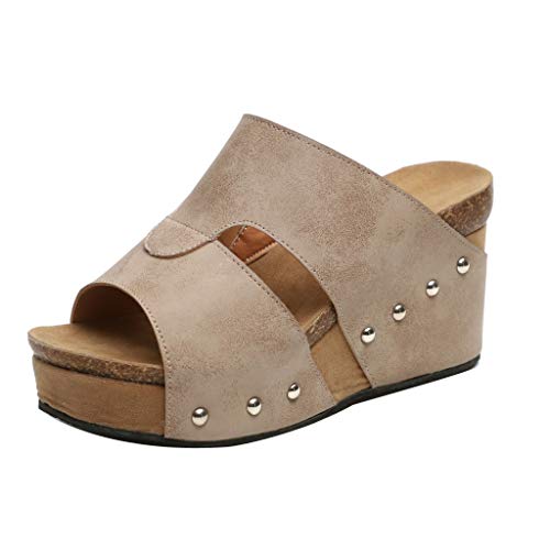 Sandalias de Mujer, Logobeing 2019 Verano Remache Chanclas y Sandalias de Playa Boho Zapatos de cuña Casuales Zapatillas de Fondo Grueso (36, Beige)