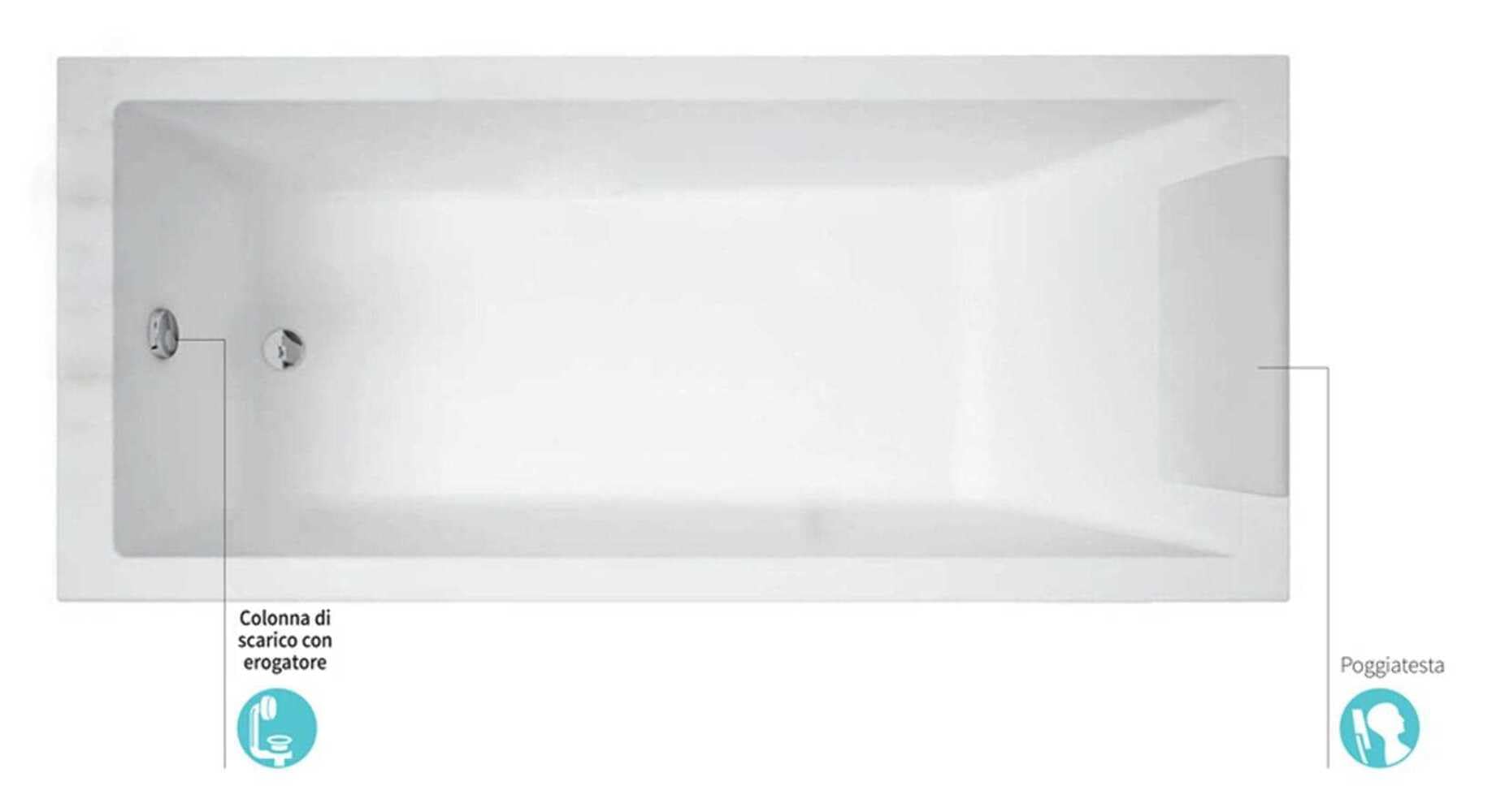 Novellini Calos Standardowa rama 170x70 H58 cm 170 LT wanna prostokątna kwadratowa akrylowa odwracalna biała polerowana kolumna odpływowa 1 panel przedni 1 boczny zagłówek