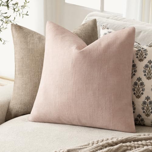 Image of Foindtower Pack of 2 Textured Chenille Throw Decorative Pillow Covers Square Accent Solid Cushion Cover Neutral Farmhouse Modern Pillow Case for Couch Sofa Bedroom Living Room 18x18 Inch,Peach Pink