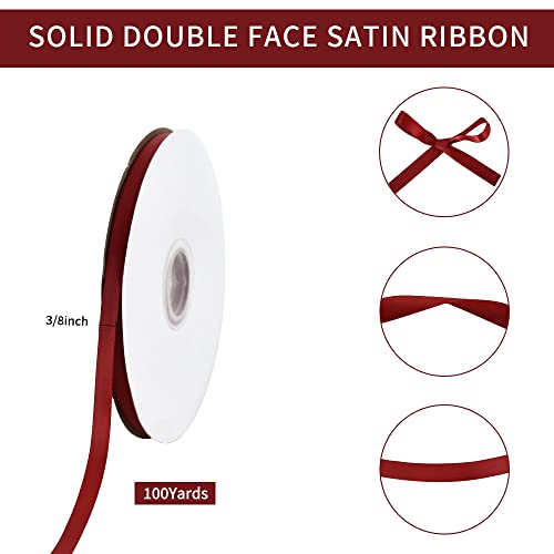 TONIFUL 3/8 Inch x 100yds Scarlet Dark Red Satin Ribbon Thin Solid Fabric Ribbons Roll for Gift Wrapping Invitation Floral Hair Balloons Craft Sewing Party Wedding Decoration Valentine's Day - Image 2