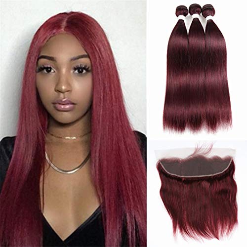 Peruvian Virgin Human Hair Extension 99j Straight Hair 3 Bundles With 13x4 Lace frontal Burgundy Wine Red Ear to Ear Frontal Closure With Baby Hair (16 18 20 with 16f, 99j,burgundy)