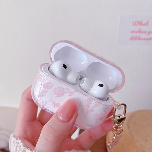 Image of MINSCOSE for AirPods Pro 3rd Generation Case (2025) with Cleaner Kit,Cute Flower Floral Aesthetic Design with Flowers Keychain for Girls Women for Airpods Pro 3-Pink
