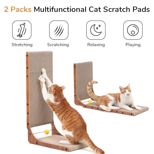 Image of FUKUMARU Cat Scratcher, 26.8 Inch Cat Scratch Pad for Indoor Cats, L Shaped Cardboard Vertical Cats Scratching Board with Ball Toy, Walnut Color, 2 Packs