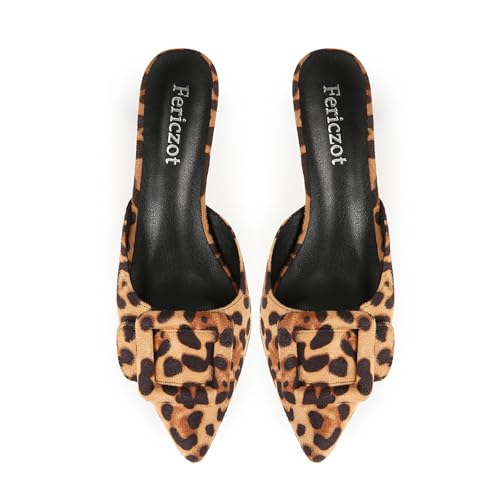 Image of Fericzot Mule Slippers for Women,Slingback Buckle Pumps Pointed Toe Kitten Heels Shoes Slides Backless Dress Sandals