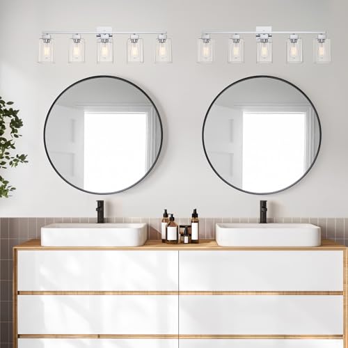 Image of 5 Light Bathroom Vanity Light - Chrome Bathroom Light Fixtures Square Design & UL Certification, 31 Inch Bath Room Light Fixtures Over Mirror for Living Room & Bedroom & Restroom