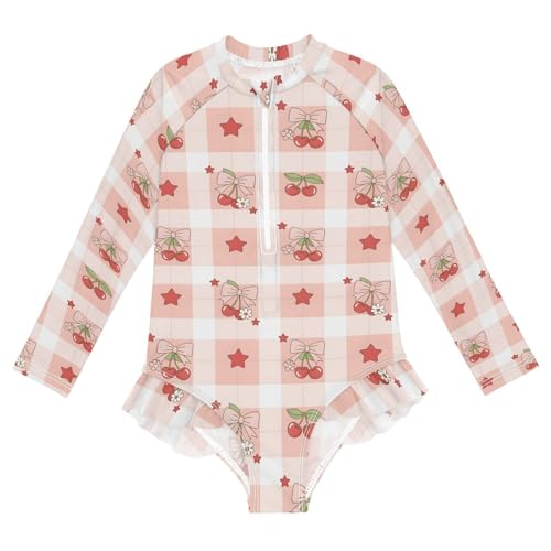 Cherry Bow Star Pink Pattern Girls Rash Guard Swimsuits Long Sleeve One Pieces Bathing Suit UPF 50+ Zipper Swimwear