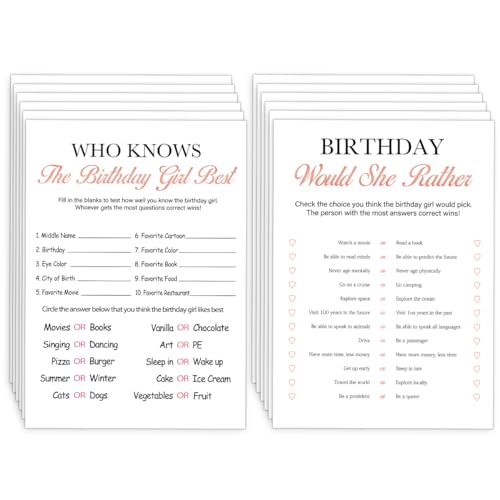 Birthday Party Games- Who Knows The Birthday Girl Best-Set of 2 Birthday Games for 20 guests,Birthday Cards Set Adults-20 Game Cards,Sweet Party Supplies