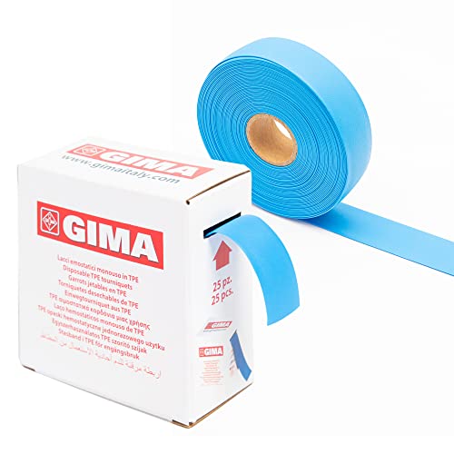 Gima - Cinta Torniquete, Desechable Libre de Látex, en TPE, Color Azul, 25 cordones precortados Medida 42 x 2,5 cm, espesor 0,5 mm; 1 rollo