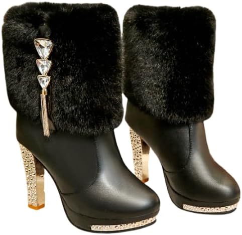 Women's Ankle Boots Platform Boots Side Zip Chunky Heel Booties With Fur Round Toe Leather Winter Boots For Women