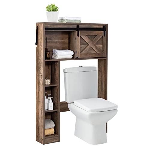 Giantex Over The Toilet Storage Cabinet, Freestanding Bathroom Organizer with Sliding Barn Door & Shelves, Multifunctional Rack for Restroom Laundry, Brown BA7825GR-GX