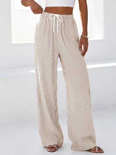 BTFBM Striped Wide Leg Pants for Women Spring Summer 2026 Drawstring Lounge PJ Beach Bottoms Casual Trousers Pockets(Brown, XX-Large) — view 5