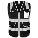 Uno Mejor 9 Pockets Full Zip Black Safety Vest, Class 2 High Visibility Work Vest for Construction, Utility Workers, Meets ANSI/ISEA Standard, Large