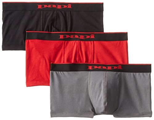 papi Stylish Brazilian Solid and Print Trunks (3-Pack of Men's Underwear), Red/Grey/Black, Medium