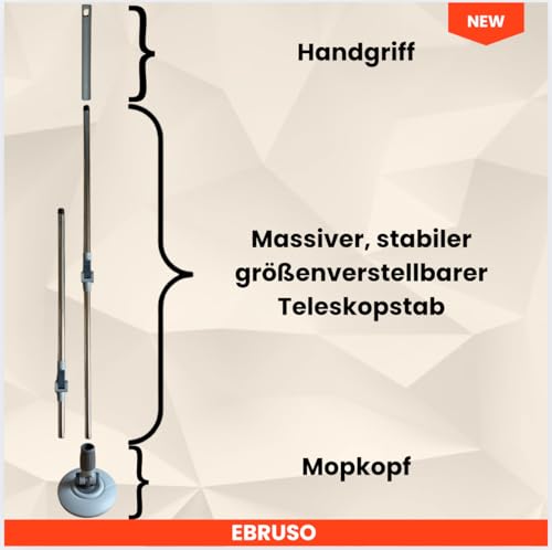 EBRUSO Putzeimer Set – Putzset mit höhenverstellbarem, rotierendem Edelstahl-Stiel (bis 149 cm), 30L Putzeimer & 2 Putzlappen (Ø 30 cm Mop) – Wischmopp Set für Laminat, Fliesen & Parkett (Grau) – Bild 4