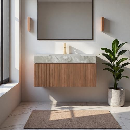Image of 36 inch Bathroom Vanity with Sink, Wall-Mounted Plywood Bathroom Storage Cabinet with Ceramic Basin & Sintered Stone Countertop, Modern Pre-Assembled Floating Vanity with Drawer & Door, Brown Oak