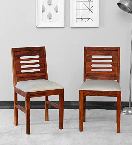 Image of Sheesham Wood Dining Chairs Set of 2 with Cushion | Dining Chair Only | Students Study Chairs | Office Chairs - Dining Room Furniture | Wooden Chair Set of 2 (White, Honey)