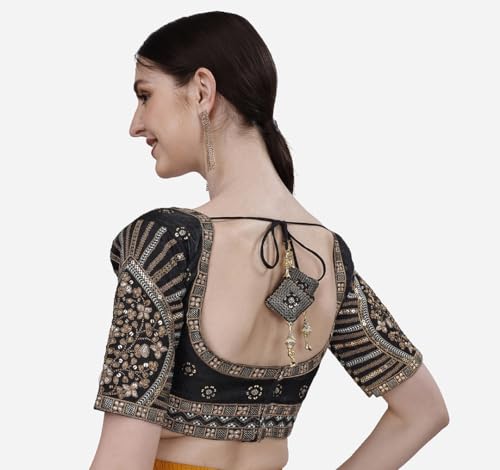 Image of Pujia Mills Mills Women's Fancy Readymade Heavy Coding Embroidary Worked Half Sleeve Multicolor Saree Blouse(Mushroom)